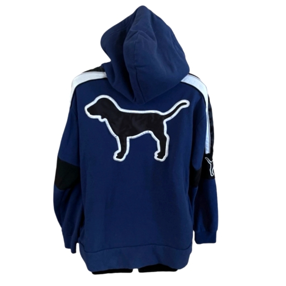 PINK VS Sherpa Satin Dog Quarter Zip Fleece Lined Hood Sweatshirt Navy Blue, Blk - Picture 3 of 4